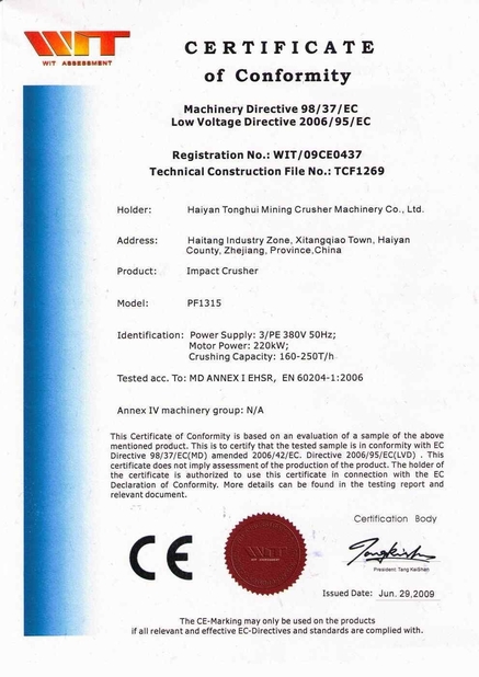 Porcellana ZheJiang Tonghui Mining Crusher Machinery Co., Ltd. Certificazioni